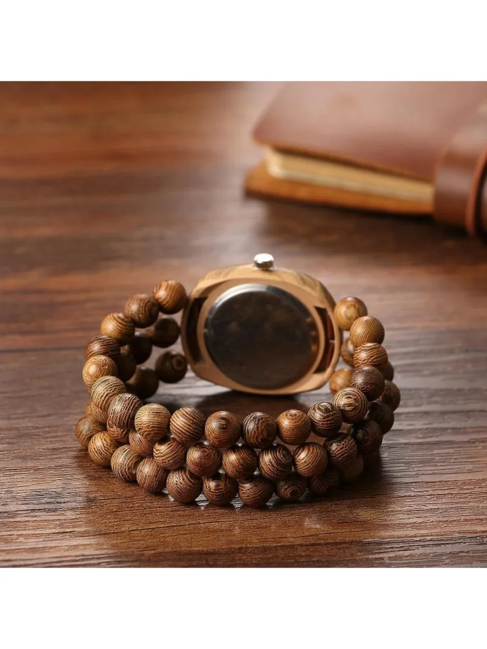 Women's All Brown Analog Quartz Buddhist Beaded Bracelet Elastic Wooden Watch